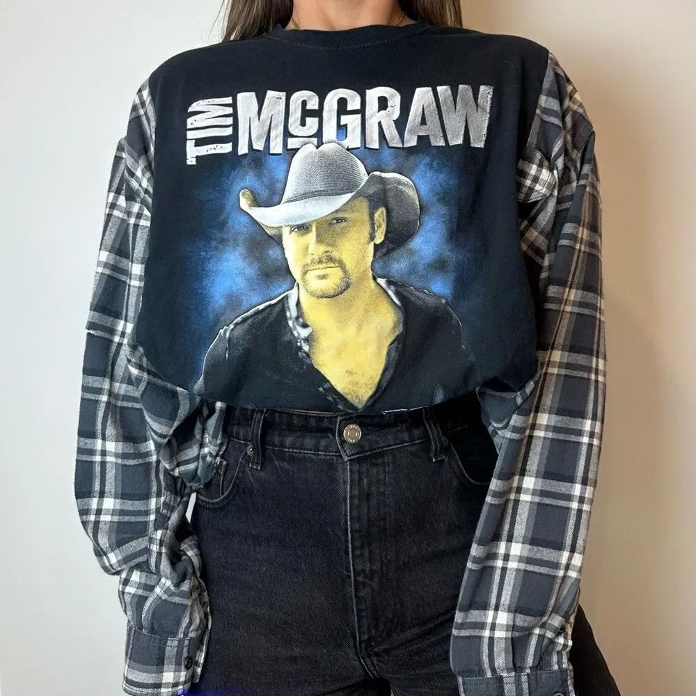 Reworked Tim McGraw Luke Bryan Tour Band Tee Full Length Flannel Shirt Top